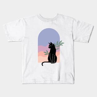 Вoho minimalist black cat with plants and sunset Kids T-Shirt